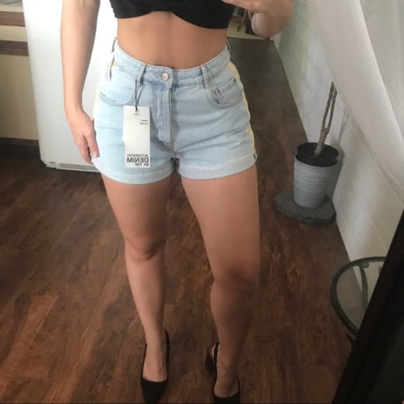 NWT ZARA High Waisted Light Wash Yellow Stripe - Picture 5 of 10